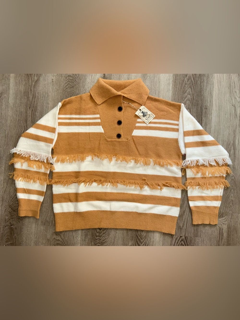 NWT Easel Boho Striped Fringe Polo Collar Sweater Camel Cream